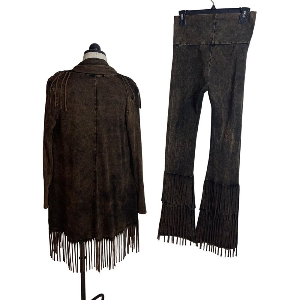 Womens Jacket Pant Set Size Medium Brown Fringed Yoga Open Front Long Sleeve USA - Picture 2 of 9